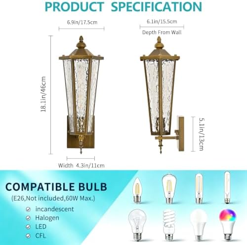 Outdoor Wall Sconce, Hexagon Vintage Gold Exterior Light Fixture with E26 Sockets & Glass, Waterproof Porch Lantern Wall Mount Lighting for Garage,Patio,Front Door,House - Image 3