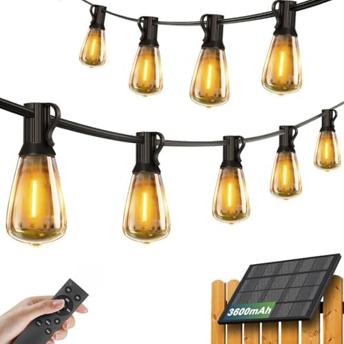 Achin 50FT Solar String Lights Outdoor with 32 LED Bulbs 1.5FT Bulbs Spacing,Patio String Lights Whith Remote, IP65 Waterproof, 3600mAm Battery (50FT 32Bulbs) by Achin