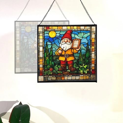 Gnome with rain Gauge Stained Glass Suncatcher – Square Hanging Window Panel for Home, Garden, Nursery, Halloween, Christmas, Memorial Day – Whimsical Glass Art Gift for Gnome Lovers pcwylf - Image 4