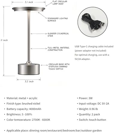 PUSU Rechargeable Table Lamps Set of 2, Nickel Cordless Portable Desk Lamp - Image 5