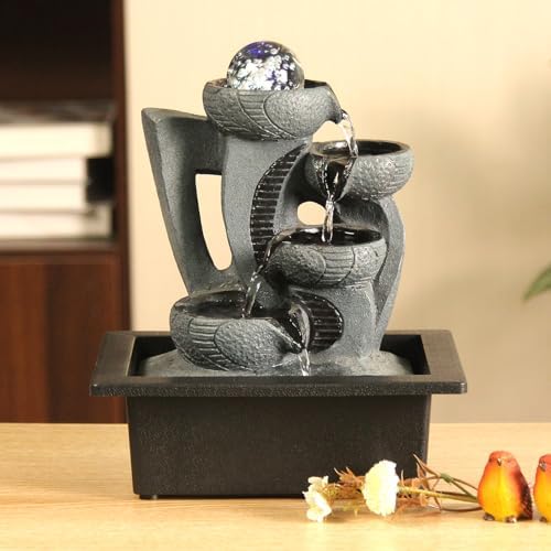 Indoor Tabletop Waterfall Fountain with Spining Orb for Home Office Desk, Gray Rock Resin Zen Water Feature with Soothing Sound for Relaxation & Meditation by BIASUNS