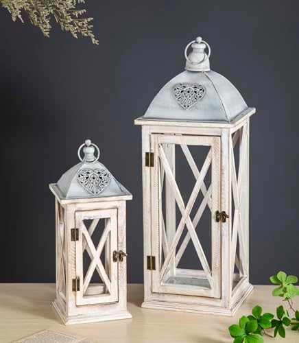 Set of 2 Large Farmhouse Wooden Metal Lanterns, Rustic Decorative Floor Candle Lanterns, Whitewash Distressed Hanging Lanterns for Home Decor (No Glass) - Image 2
