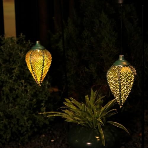 Solar Outdoor Lanterns- Hanging Lights, Set of 2 Moroccan Style Garden Party Decorative Rechargeable Lantern, Hurricane Lamps are Great for Front Porch, Patio and Yard - Image 4