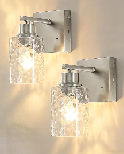 Hammered Glass Wireless Battery Operated Wall Sconces Set of Two Nickel by Rayogale
