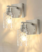 Hammered Glass Wireless Battery Operated Wall Sconces Set of Two Nickel by Rayogale