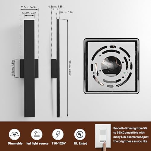 23.6inch Long Outdoor Modern LED Wall Light,24W Warm White 120V Wall Mount Lighting Fixture Black Wall Lights Porch Lights Wall Sconce for House, Long LED Linear Outside Lighting for Garage, Entryway - Image 3