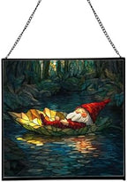 Floating Leaf Gnome Stained Glass Suncatcher – Square Hanging Window Panel for Home or Greenhouse – Whimsical Glass Art Gift for Garden Lovers, Christmas, Halloween, Father Days fFUfVq by Custom