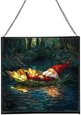 Floating Leaf Gnome Stained Glass Suncatcher – Square Hanging Window Panel for Home or Greenhouse – Whimsical Glass Art Gift for Garden Lovers, Christmas, Halloween, Father Days fFUfVq by Custom