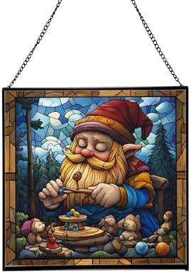 Gnome with Wooden Toys Stained Glass Suncatcher – Square Hanging Window Panel for Home, Garden, Nursery, Halloween, Christmas, Memorial Day – Whimsical Glass Art Gift for Gnome Lovers wkbozm by Custom