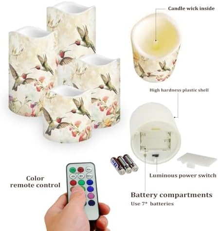 Hummingbird Floral Battery Operated Candles Set of 4 Flickering Flameless Candles with Remote and Timer Color Changing LED Electric Pillar Candles for Home Farmhouse Living Room Decor - Image 3