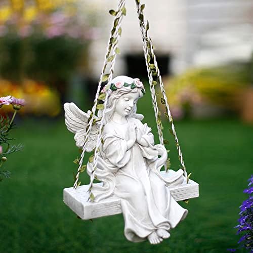 Fairy Garden Angel Figurine Hanging - Angel On a Swing Statue Girl Praying Sculpture Fairy Angel Ornament for Indoor Outdoor Decoration Coloured - Image 2