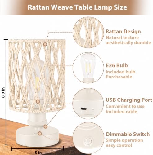 Cordless Outdoor Table Lamps, Small Rattan Boho, Rechargeable Battery Operated for Outdoor Patio, Home, Living Room, Bedroom, Bedside - Set of 2 (Ivory) - Image 3