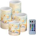 GLENLCWE Starfish on Beach Flameless Light Candles with 4H 8H Timer, Battery Operated Candles with 18-Key Remote Flickering Smokeless Pillar Candles-4PCS by GLENLCWE