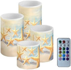 GLENLCWE Starfish on Beach Flameless Light Candles with 4H 8H Timer, Battery Operated Candles with 18-Key Remote Flickering Smokeless Pillar Candles-4PCS by GLENLCWE
