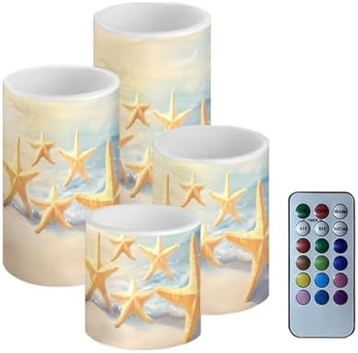 GLENLCWE Starfish on Beach Flameless Light Candles with 4H 8H Timer, Battery Operated Candles with 18-Key Remote Flickering Smokeless Pillar Candles-4PCS by GLENLCWE