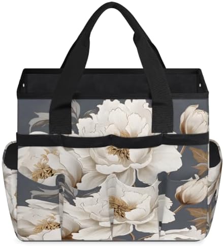 White Garden Tool Bag Organizer Heavy Duty Floral Flowers Gardening Tote Bag with 10 Pockets for Women Men Gardening Gifts - Image 2