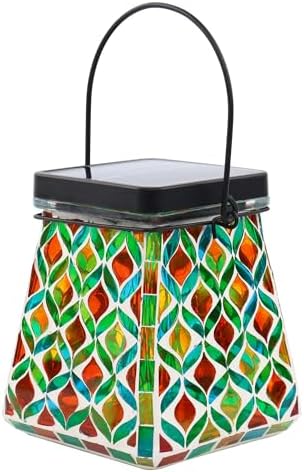 VOREEN Mosaic Solar Lantern, Colorful Mosaic Glass Decorative Lantern for Outdoor Garden & Patio, Tabletop or Hanging Solar Powered Light, Multicolor Geometric Lattice Design - Image 2