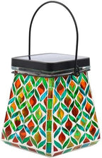 VOREEN Mosaic Solar Lantern, Colorful Mosaic Glass Decorative Lantern for Outdoor Garden & Patio, Tabletop or Hanging Solar Powered Light, Multicolor Geometric Lattice Design - Image 2