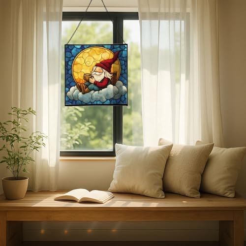 Cocoa by Moonlight Gnome Stained Glass Suncatcher – Square Hanging Window Panel for Home or Greenhouse – Whimsical Glass Art Gift for Garden Lovers, Christmas, Halloween, Father Days oK2gHR - Image 7