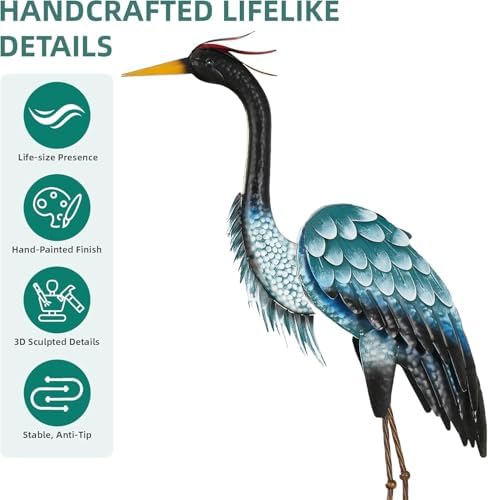 3.7ft Tall Blue Heron Metal Yard Art, XL Crane Statue Decor, S/2 - Image 6