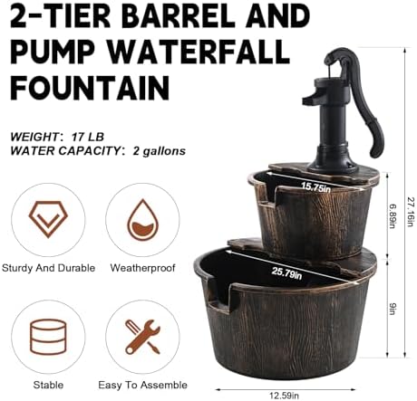 2-Tier Barrel Waterfall Fountain,27-Inch Plastic Outdoor Water Feature with Pump for Garden,Patio and Backyard - Image 4