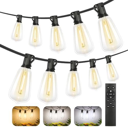 Brightever 200FT Outdoor String Lights with Remote, 2700K/4000K/5000K Selectable LED String Lights for Outside with 100+4 ST38 Edison Bulbs, 3 Modes Dimmable Patio Lights Waterproof for Camping, Deck by Brightever