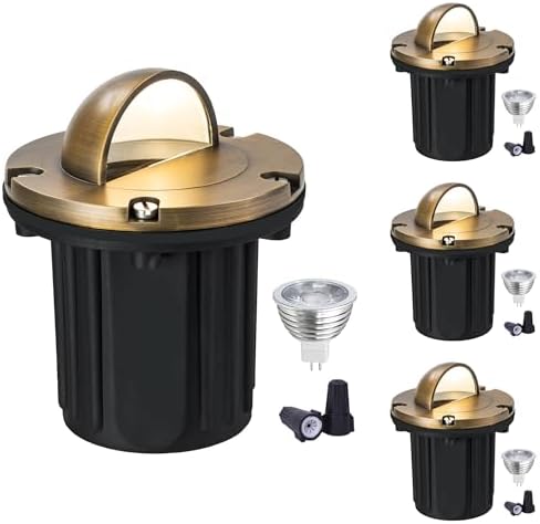LumStory 4-Pack Brass Well Lights 12V Low Voltage Landscape Lighting LED Landscape Light Outdoor in Ground Lights with MR16 GU5.3 Bulb 5W 3000K Warm White(Beacon Top) by LumStory