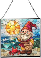 Coastal Gnome Day Stained Glass Suncatcher – Square Hanging Window Panel for Home or Greenhouse – Whimsical Glass Art Gift for Garden Lovers, Christmas, Halloween, Father Days MDrNXL by Custom