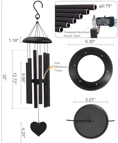 32" Deep Tone Wind Chimes for Outside, Tuned C Major Aluminum Wind Chime with Gift Envelope, Sympathy Memorial Wind Chime for Garden Patio Porch Decor, Heart Design, Black - Image 6