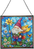 Spring Parade Gnome Stained Glass Suncatcher – Square Hanging Window Panel for Home or Greenhouse – Whimsical Glass Art Gift for Garden Lovers, Christmas, Halloween, Father Days fFF7J7 by Custom