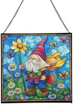 Spring Parade Gnome Stained Glass Suncatcher – Square Hanging Window Panel for Home or Greenhouse – Whimsical Glass Art Gift for Garden Lovers, Christmas, Halloween, Father Days fFF7J7 by Custom