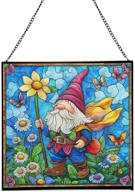 Spring Parade Gnome Stained Glass Suncatcher – Square Hanging Window Panel for Home or Greenhouse – Whimsical Glass Art Gift for Garden Lovers, Christmas, Halloween, Father Days fFF7J7 by Custom