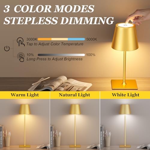 Kakanuo Gold Cordless Rechargeable Table Lamp 5000mAh Battery Operated Lamps, 3 Colors Stepless Dimming Touch Lamp for Dining, Living Room, Outdoor Patio, Kitchen Counter, 4 Pack - Image 2