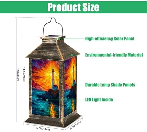 Solar Lantern Sunset Stained Glass Lighthouse Outdoor Garden Hanging Lantern Waterproof Solar Powered Lighting Outside Table Lamp for Deck Yard Camping Patio Decor - Image 2