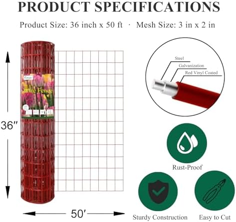 Red PVC Coated Welded Wire Fence 36" x 50' Roll, 2"x3" Mesh, 16 Gauge - Image 3