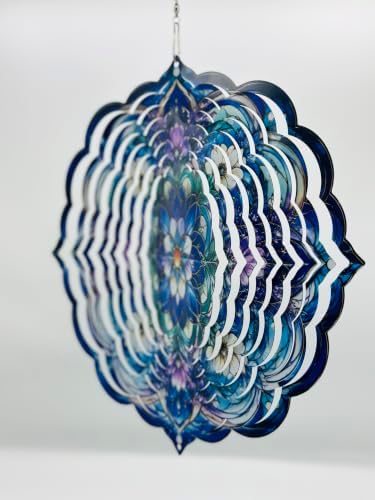 Shwing 12 Inch Wind Spinner Hanging Wind Sculptures Purple Blue Floral Metal Decor Double Sided Outdoor Kinetic Garden Art 3D Wind Spinner Hanging Ornament for Patio Porch Balcony Backyard Tree Decor - Image 5