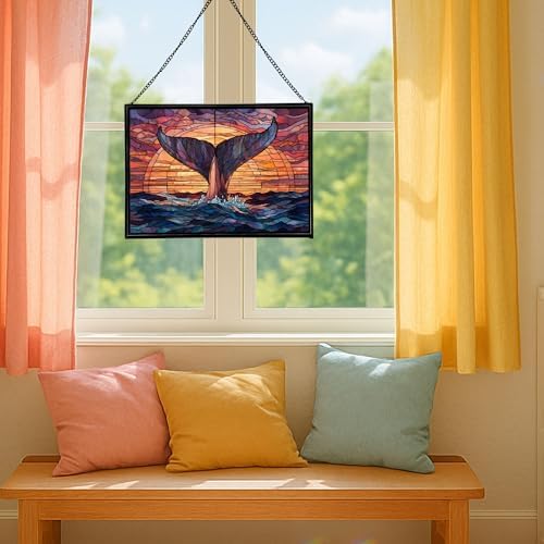 Whale Tail Splashes Under Sunset Sky Rectangular Stained Glass Suncatcher – Hanging Window Panel with Animal & Nature Scene – Vibrant Glass Art Gift for Wildlife, Fantasy, Nature Lovers wwsLLc - Image 5