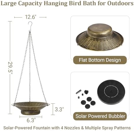 12.6" Hanging Solar Bird Bath Metal for Outside Gold - Image 2