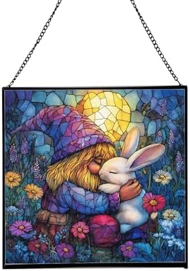 Bunny Friend Gnome Stained Glass Suncatcher – Square Hanging Window Panel for Home or Greenhouse – Whimsical Glass Art Gift for Garden Lovers, Christmas, Halloween, Father Days 44xWTl by Custom