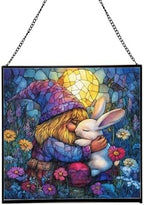 Bunny Friend Gnome Stained Glass Suncatcher – Square Hanging Window Panel for Home or Greenhouse – Whimsical Glass Art Gift for Garden Lovers, Christmas, Halloween, Father Days 44xWTl by Custom