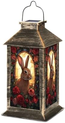 Solar Lantern Rabbit Portrait Stained Glass Style Roses Vintage Flowers Outdoor Waterproof Hanging Solar Light Outside Lights for Patio Yard House Lawn Decor Birthday Gifts for Women Mom by Unknown