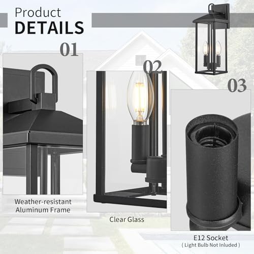 Darkaway Outdoor Wall Lights for House,2pcs Exterior Lighting Fixtures Wall Mount Porch Lights Waterproof Outdoor Sconce Lights with Clear Glass for Patio Hallway Garage E12 Socket - Image 3