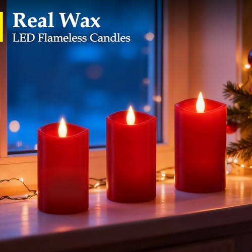 3x5 inch Red Flameless Candles, Realistic Flameless LED, Battery-Powered Pillar Candles with Remote & Timer, Fake Candles for Fall Decor, (Red, 3"*5"-3pcs) - Image 2