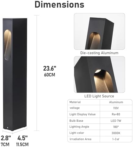 Modern Pathway Light Landscape Path Light 3000K Warm Led Bollard Lighting Fixture Outdoor Waterproof Walkway Light Aluminum Rainproof Path Lamp for Garden Lawn Courtyard Driveway 23.6in - Image 6