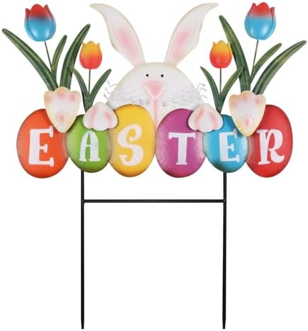 YEAHOME Easter Decorations Outdoor, Easter Letter Bunny Decorative Garden Stakes with Flowers, Metal Colorful Yard Signs for Outside Garden Porch Lawn Backyard Decorations by YEAHOME