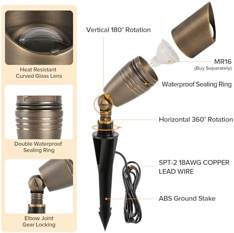 LUTEC Solid Brass Low Voltage Landscape Lighting, 12V Heavy Duty Waterproof Landscape Spotlights Bronze, Wired Uplights Outdoor Fixtureswith ABS Spike, Garden Yard Pathway Tree with MR16 Bulb - Image 3
