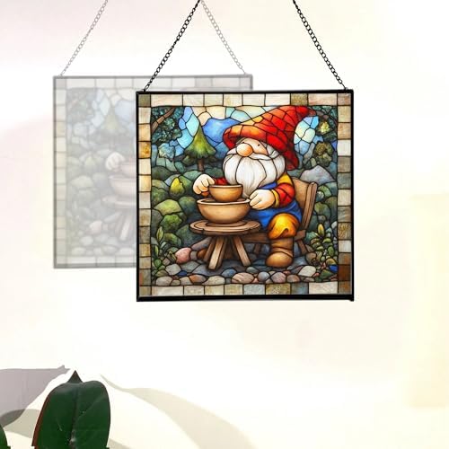 Gnome with Pottery Stained Glass Suncatcher – Square Hanging Window Panel for Home, Garden, Nursery, Halloween, Christmas, Memorial Day – Whimsical Glass Art Gift for Gnome Lovers pcknl0 - Image 4