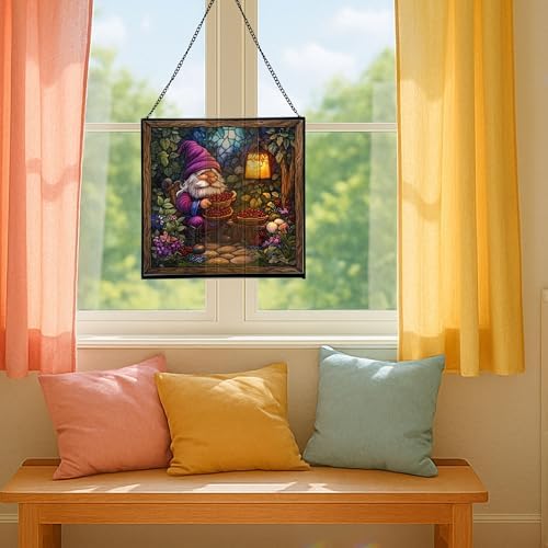 Berry Pie Gnome Picnic Stained Glass Suncatcher – Square Hanging Window Panel for Home or Greenhouse – Whimsical Glass Art Gift for Garden Lovers, Christmas, Halloween, Father Days aZdgHt - Image 5