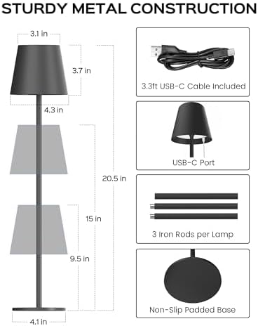 JACKYLED Cordless Table Lamps Rechargeable, 3 Adjustable Height, 5000 Capacity Operated, 3 Colors Smooth Dimming, Portable LED Waterproof Table Lamp for Dining, Bedroom, Outdoor- Black - Image 5