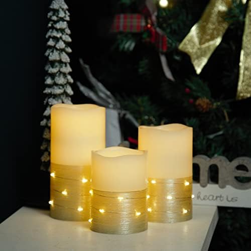H-BLOSSOM Flickering Flameless Candles Ivory Real Wax Pillar with Embedded String Lights LED Candles Battery Operated with 10 Key Remote and Cycling 5H Timer Set of 3 (3" x 4"/5"/6") (Gold) - Image 2